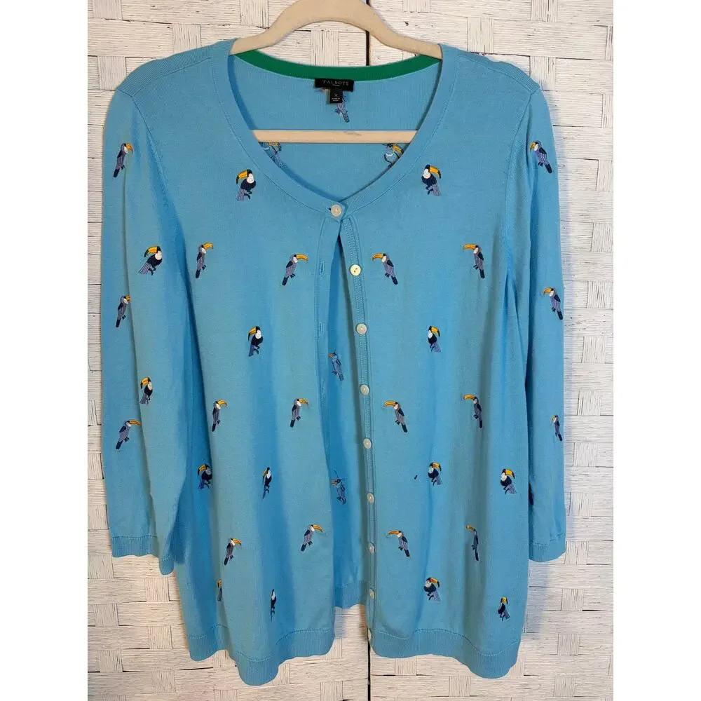 Talbots Women's Cardigan embroidered toucans sweater electric grandma‎ plus size